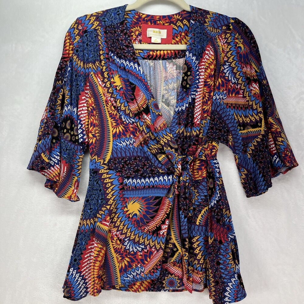 Anthropologie Maeve Elly Wrap Blouse Womens Sz‎ Small Peacock Colorful Artsy